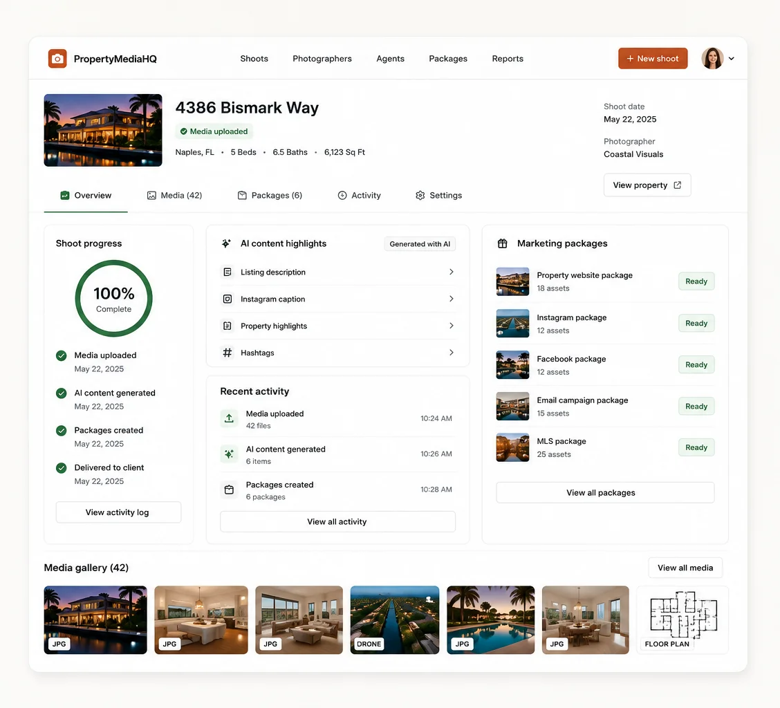 PropertyMediaHQ media operations workspace with property packages and channel outputs