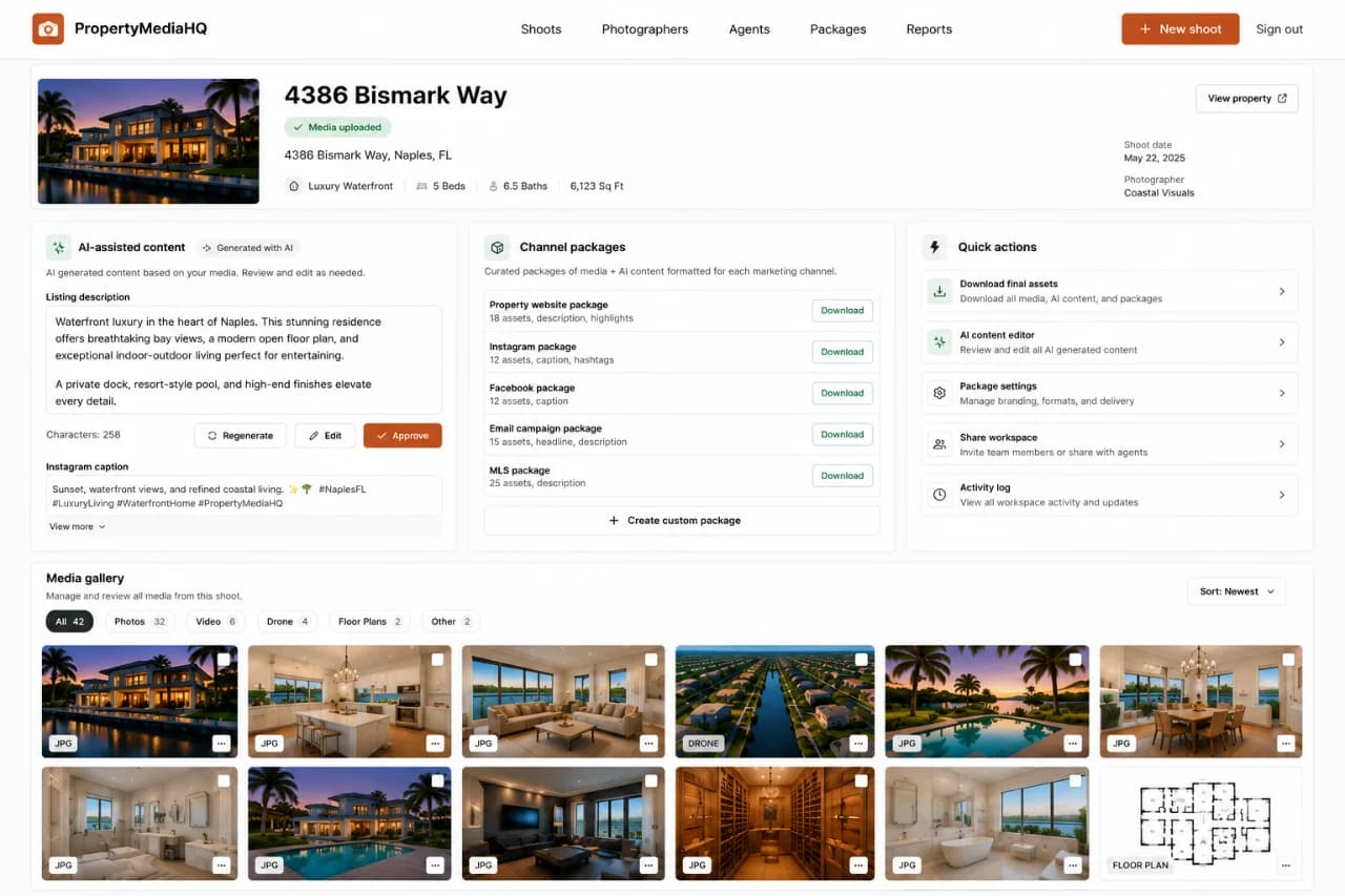 PropertyMediaHQ property workspace with listing media, channel packages, and product header